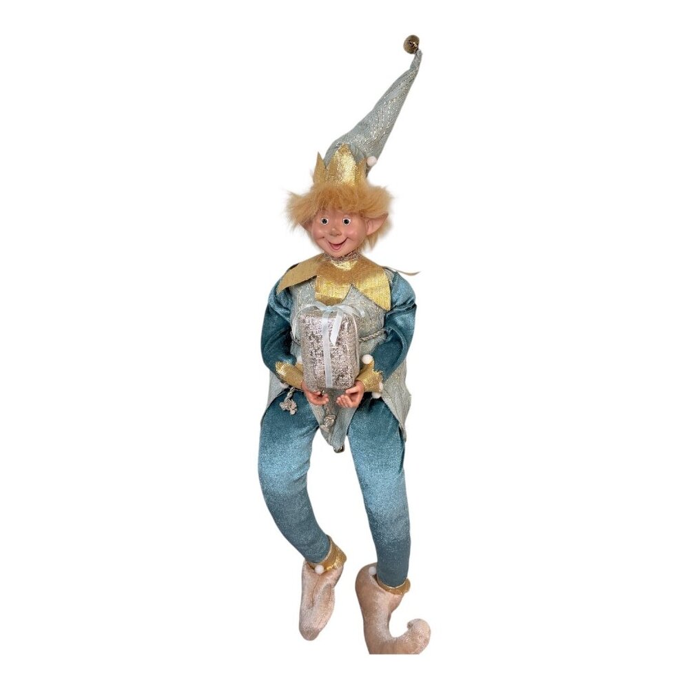 Rachel Zoe Sitting Christmas Elf Pixie Blue and Gold Decor Jester Outfit